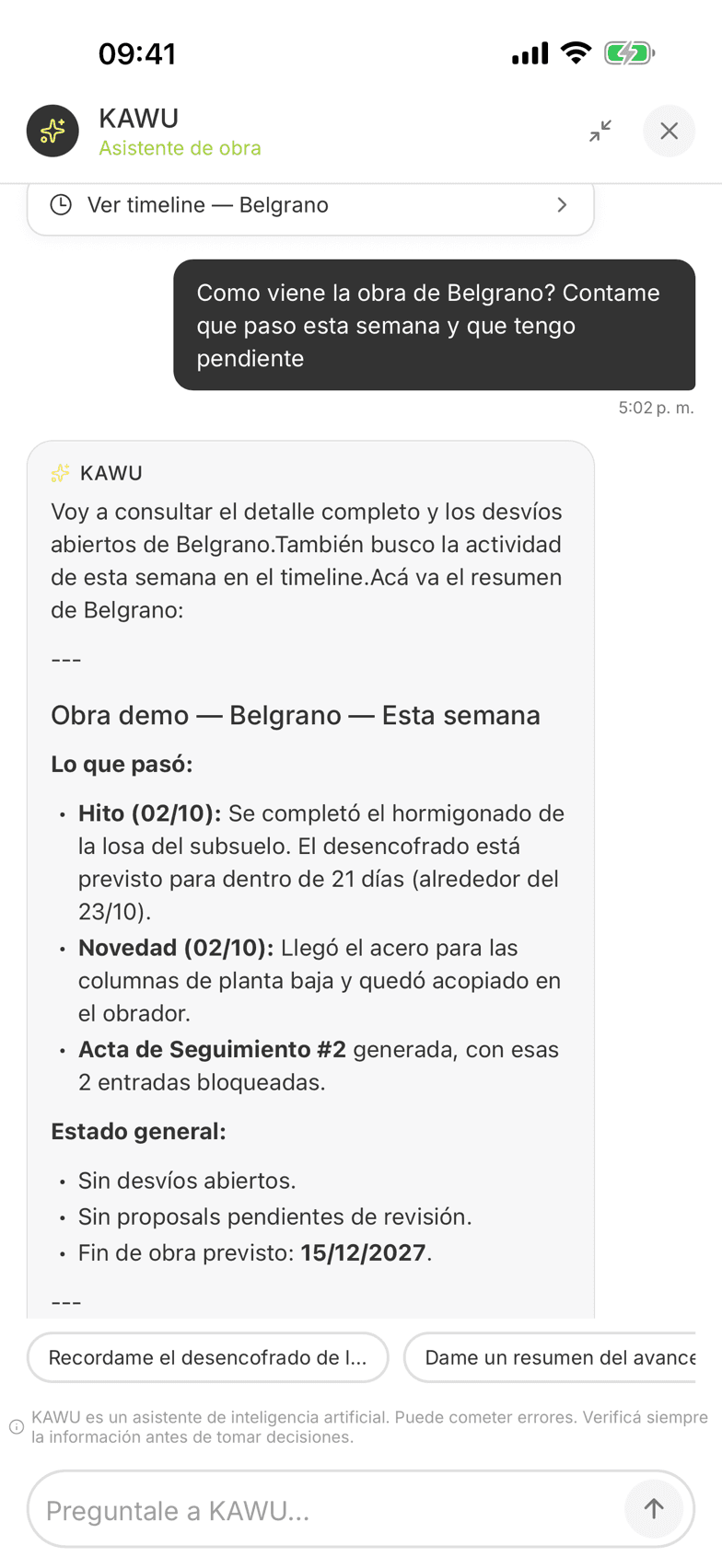Asistente IA de KAWU con contexto de obra