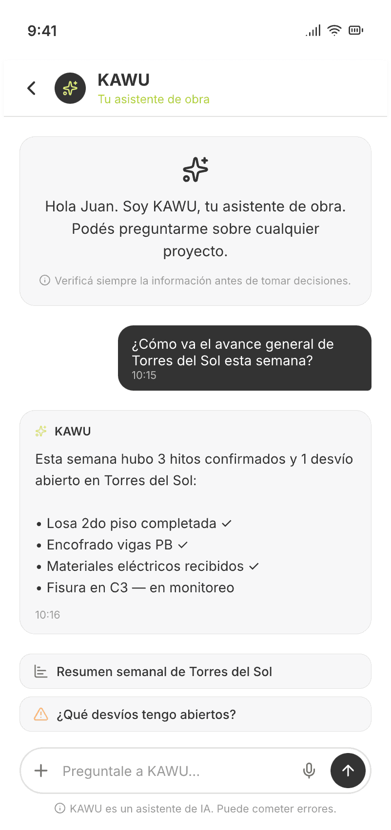 Asistente IA de KAWU con contexto de obra