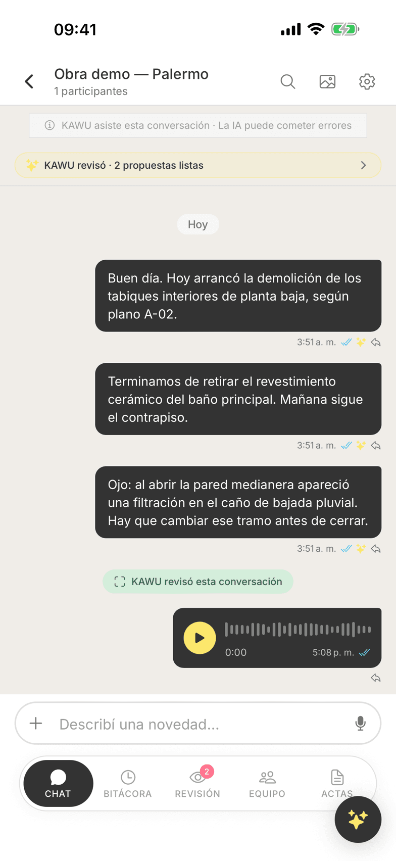 Chat de proyecto KAWU con propuestas automáticas de IA