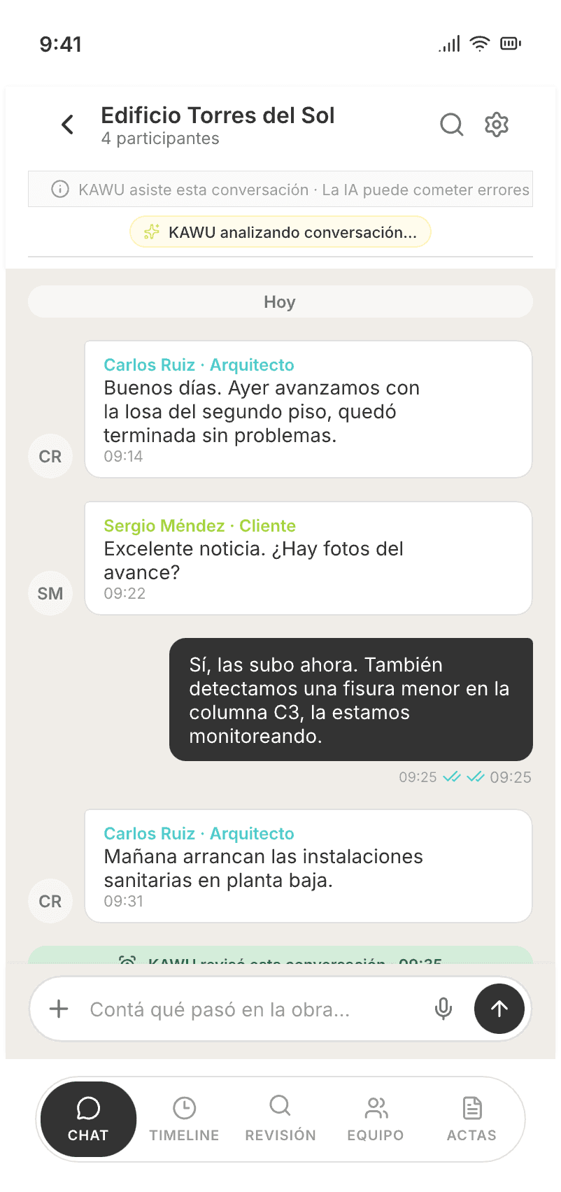 Chat de proyecto KAWU con propuestas automáticas de IA