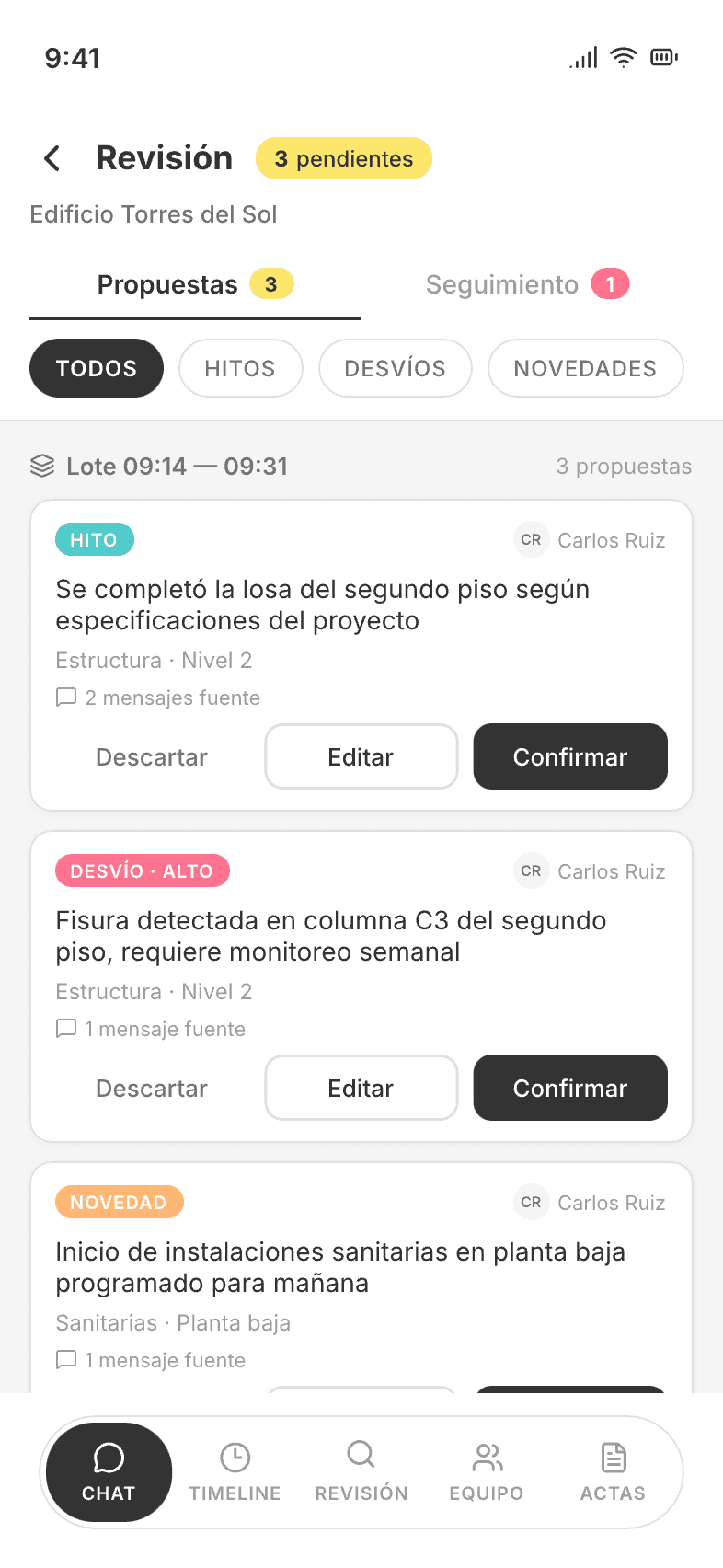 Pantalla de revisión de propuestas en KAWU