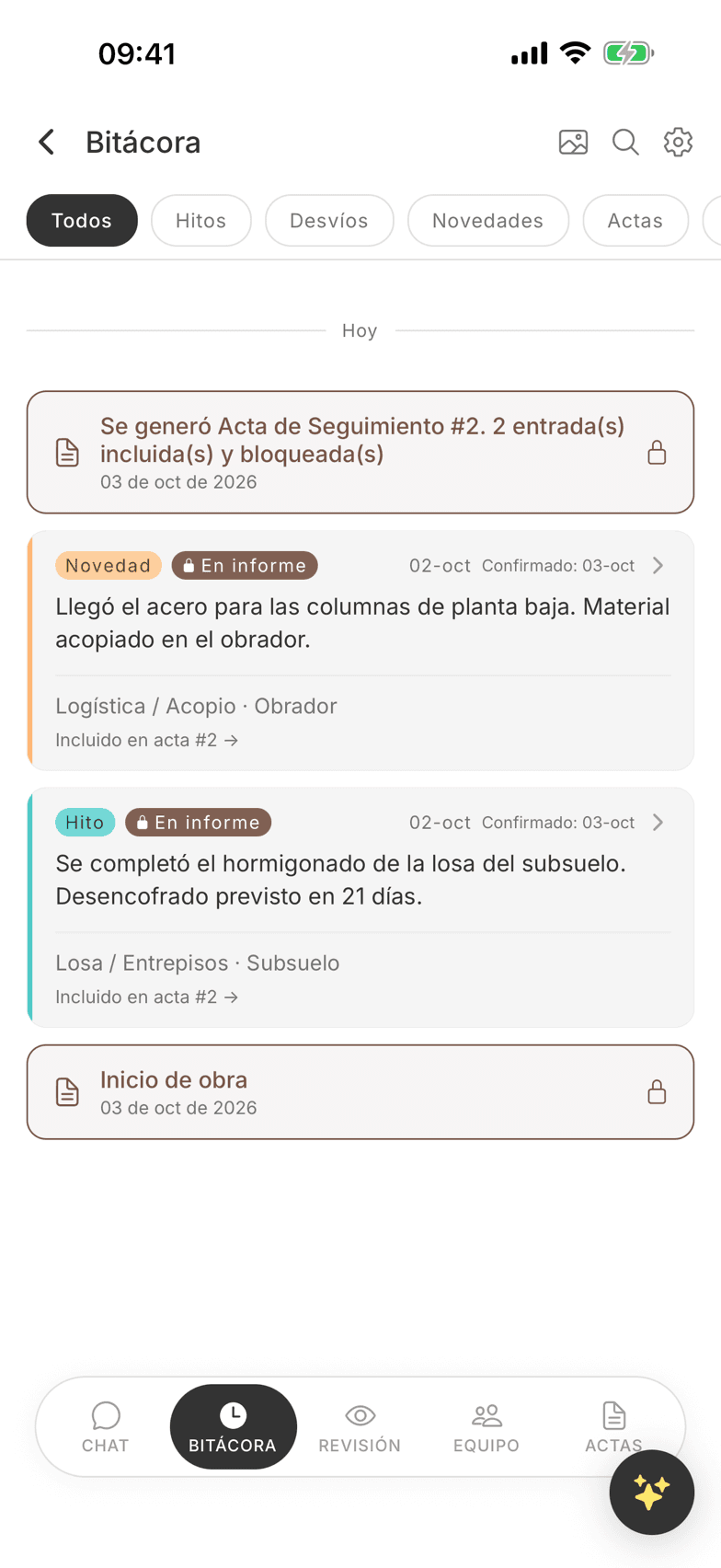 Bitácora de obra KAWU con registros cronológicos